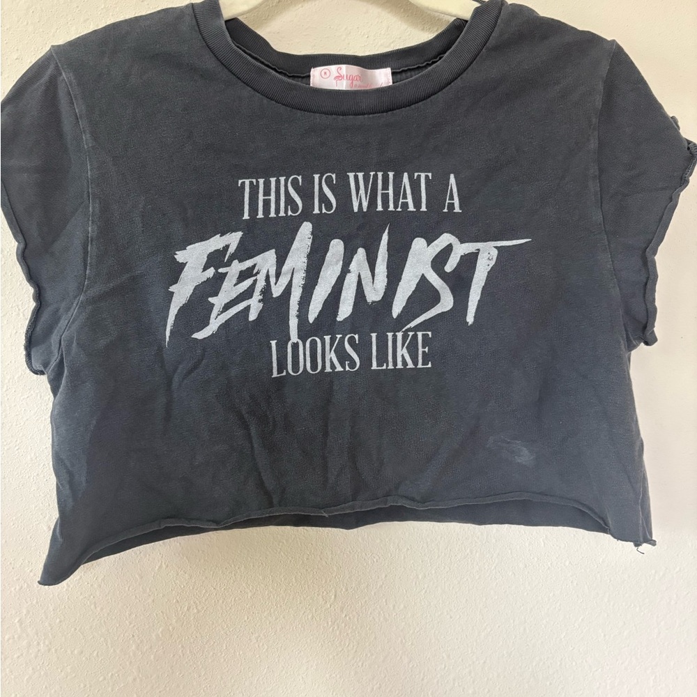 Sugar Thrillz Black acid wash vintage looking Cap Sleeve Feminist Crop Top